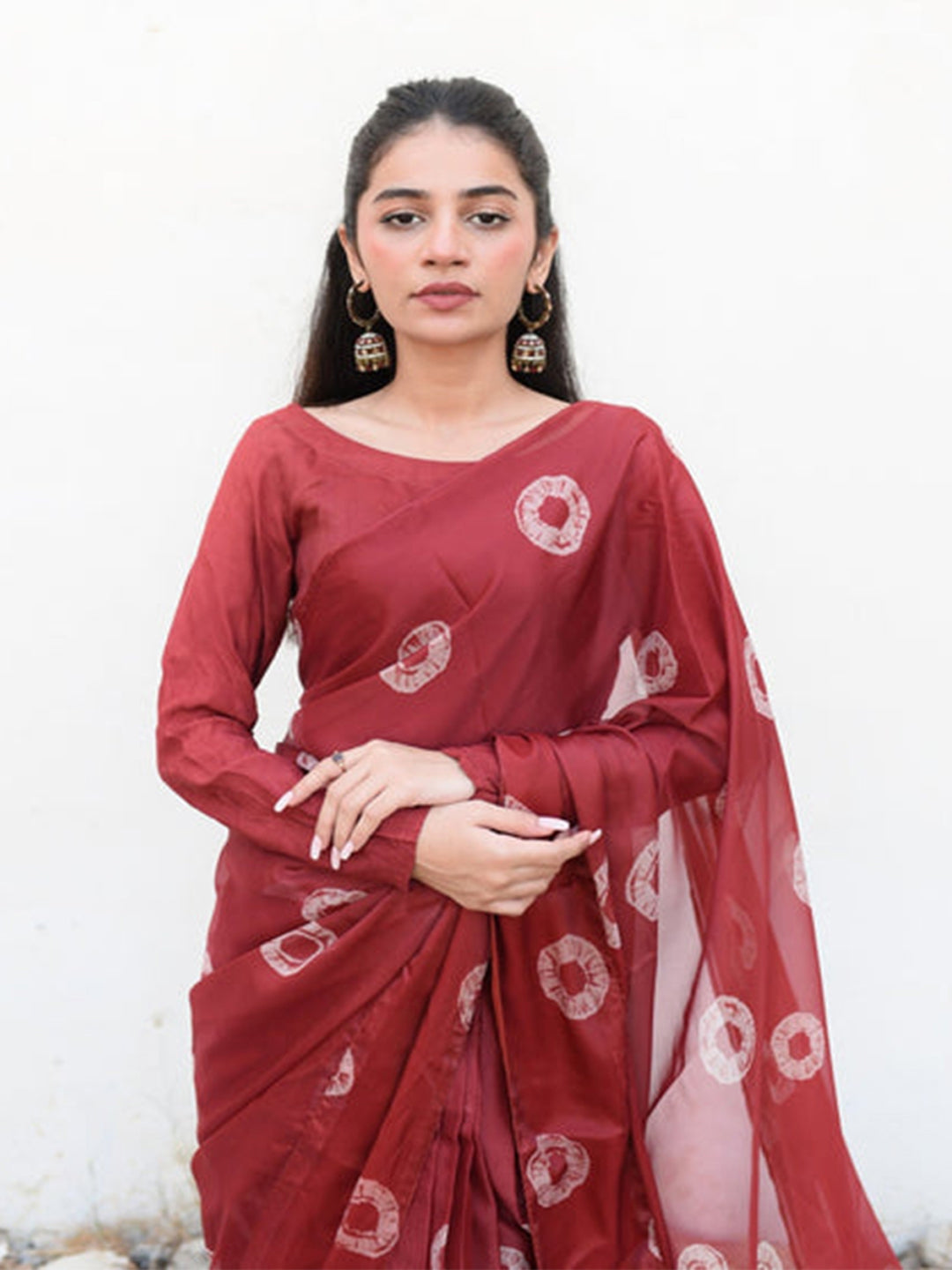 Maroon Handblock Printed Silk Blend Saree – Elegant Ethnic Wear for Women