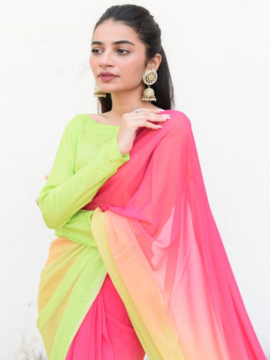 Neon Green to Pink Ombre Silk Blend Saree – Lightweight Partywear for Women
