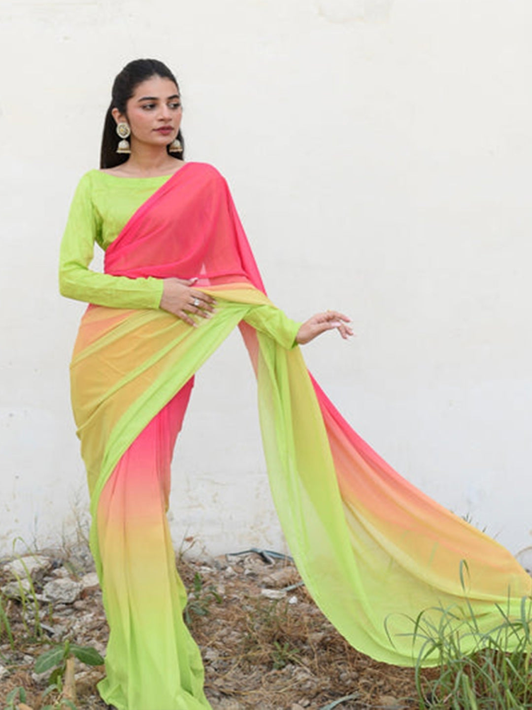 Neon Green to Pink Ombre Silk Blend Saree – Lightweight Partywear for Women