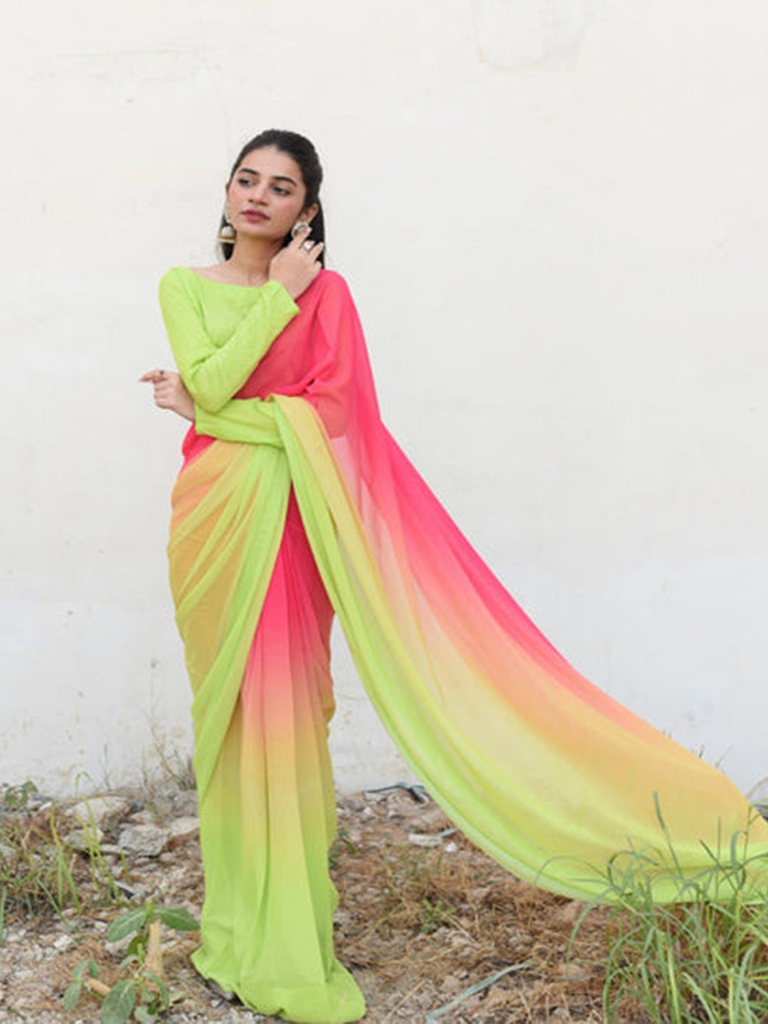 Neon Green to Pink Ombre Silk Blend Saree – Lightweight Partywear for Women