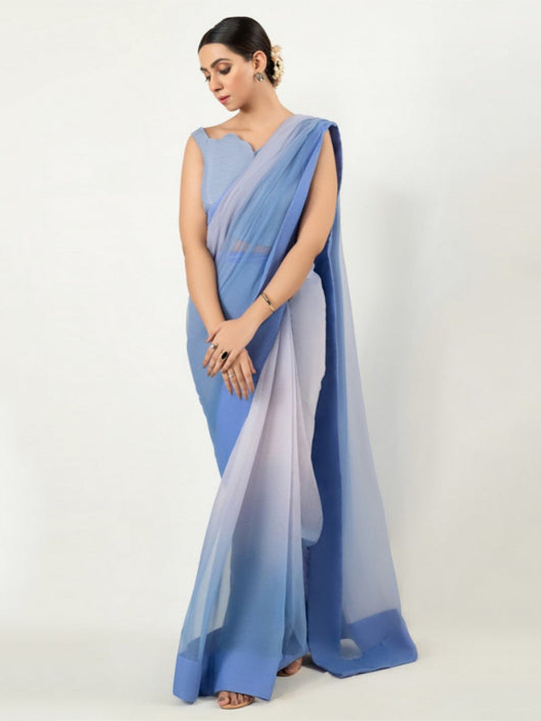 Blue Gradient Ombre Saree – Elegant Party Wear with Flowing Drape