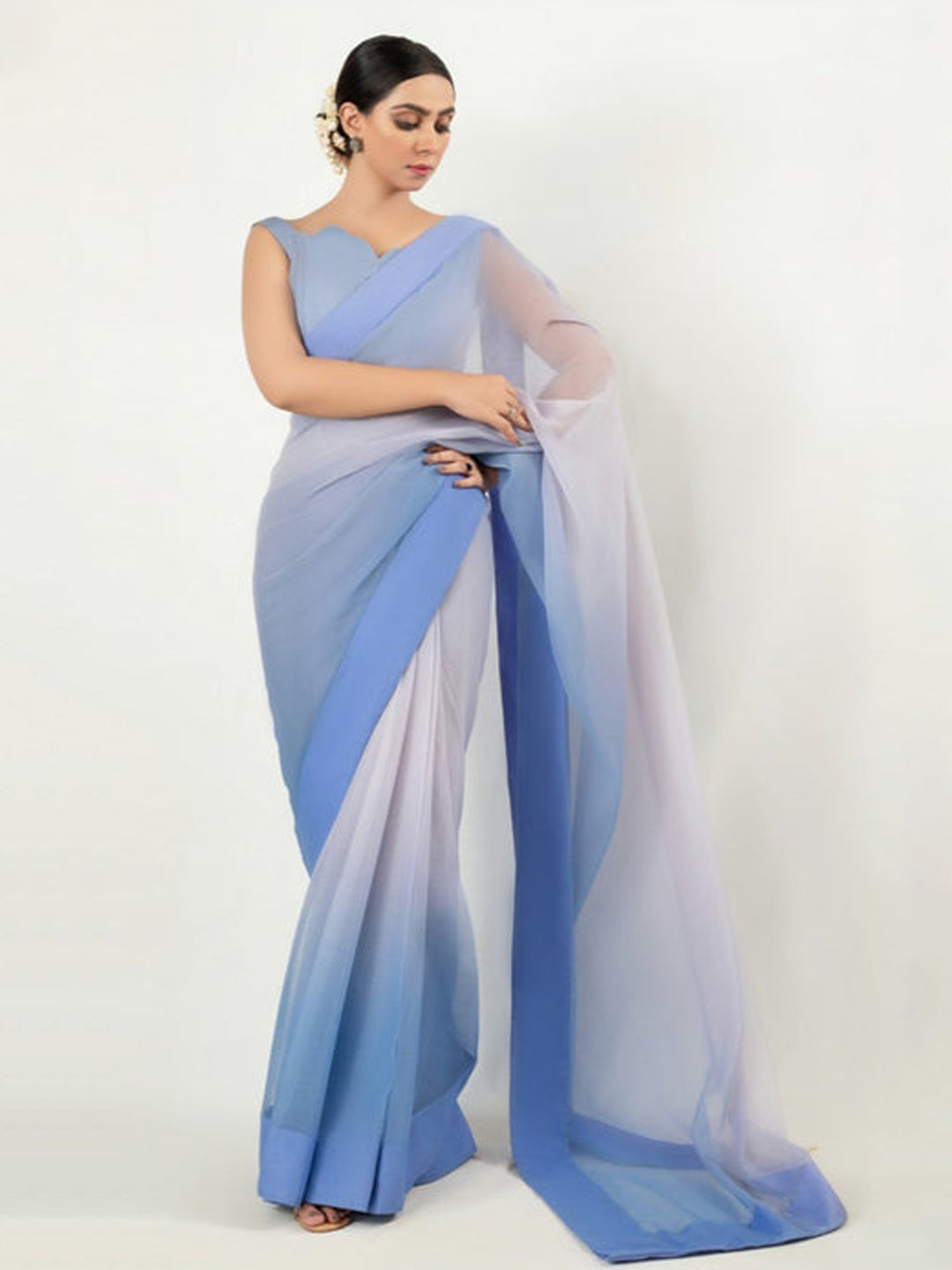 Blue Gradient Ombre Saree – Elegant Party Wear with Flowing Drape