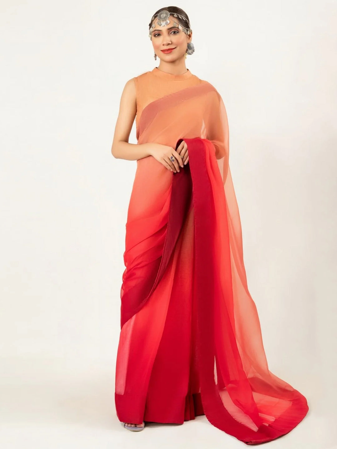 Orange Red Ombre Saree – Vibrant Gradient Party Wear for Women
