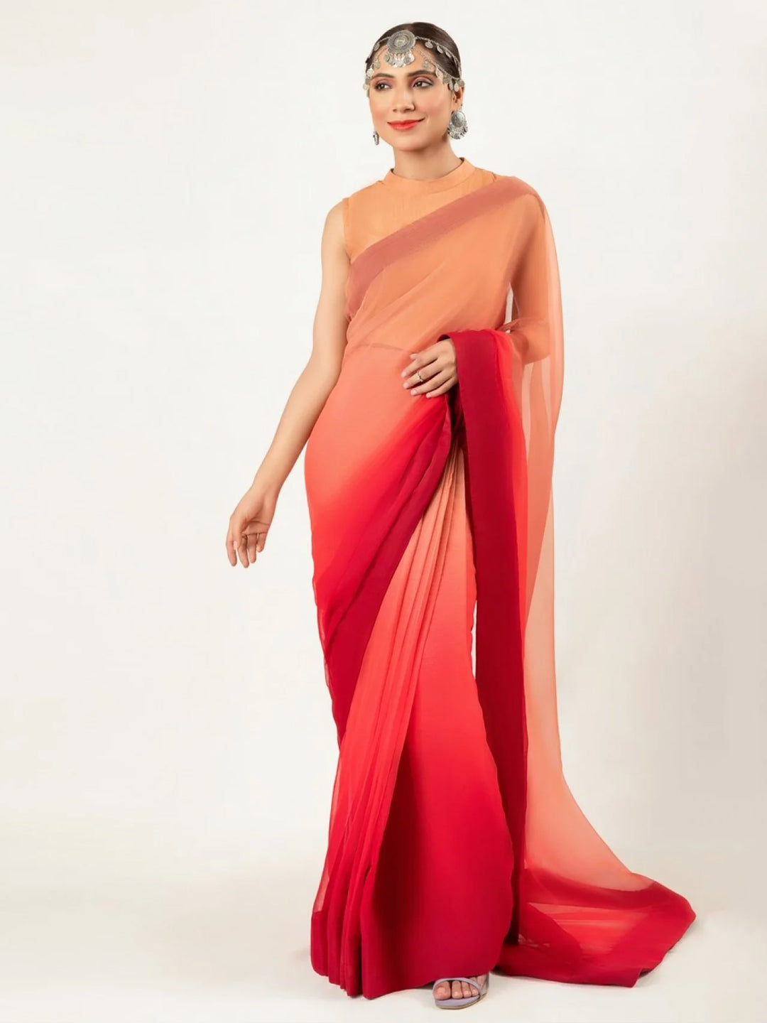 Orange Red Ombre Saree – Vibrant Gradient Party Wear for Women