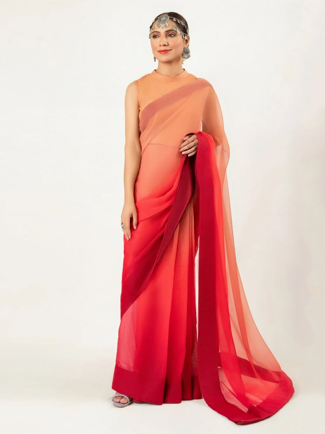 Orange Red Ombre Saree – Vibrant Gradient Party Wear for Women