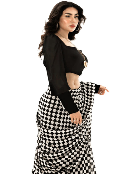 Monochrome Checkered Silk Blend Saree – Lightweight Designer Saree for Parties