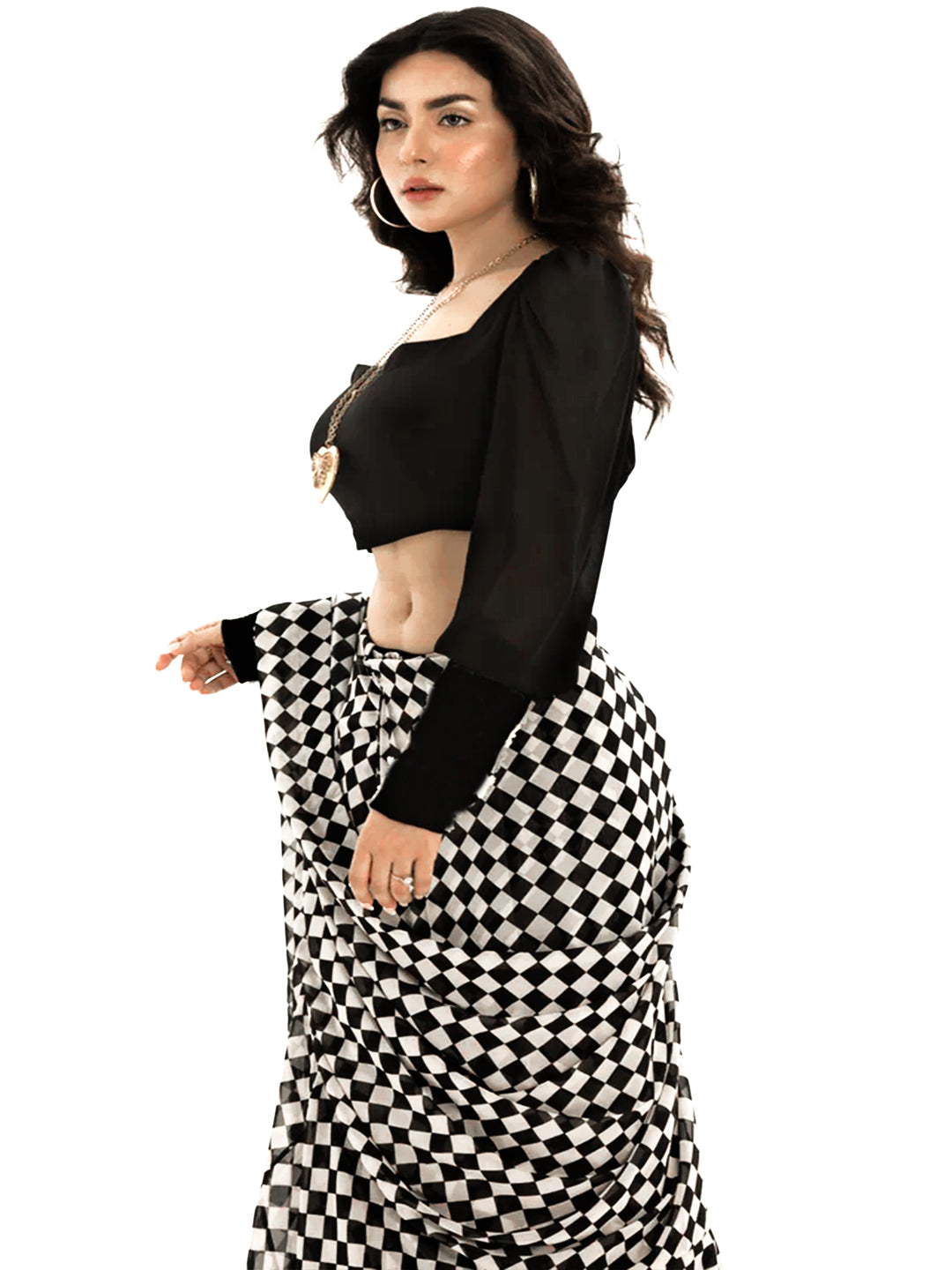Monochrome Checkered Silk Blend Saree – Lightweight Designer Saree for Parties