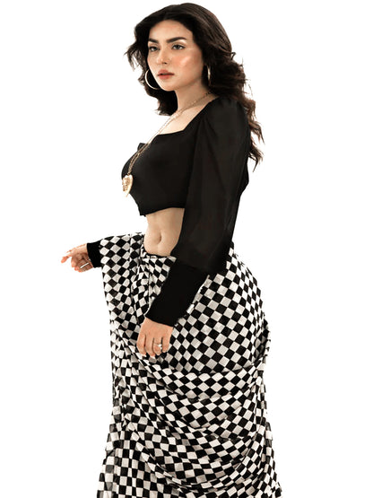 Monochrome Checkered Silk Blend Saree – Lightweight Designer Saree for Parties