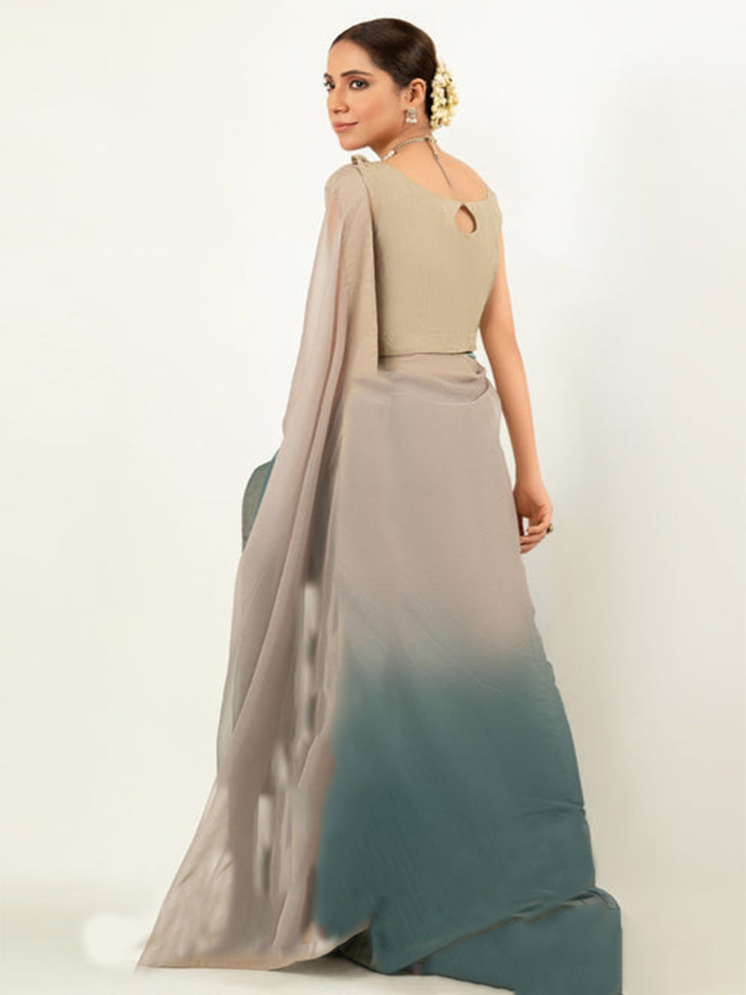 Beige to Teal Ombré Silk Blend Saree – Lightweight Designer Drape for Wedding & Parties