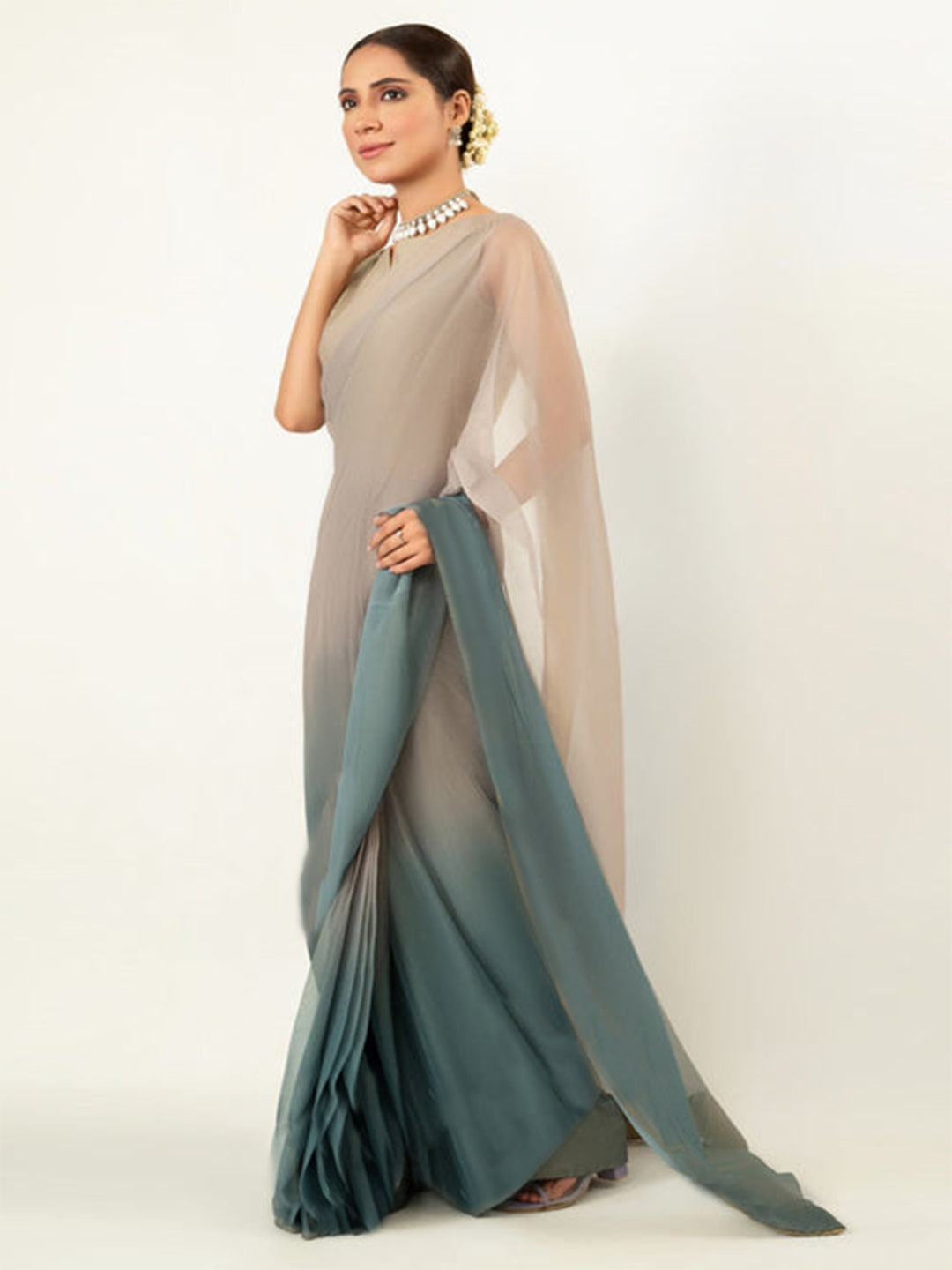 Beige to Teal Ombré Silk Blend Saree – Lightweight Designer Drape for Wedding & Parties