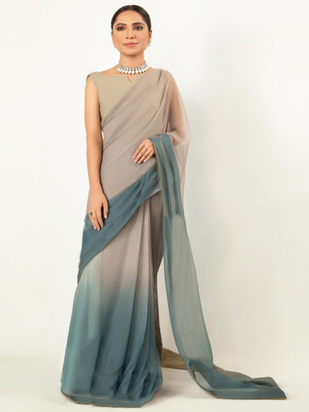 Beige to Teal Ombré Silk Blend Saree – Lightweight Designer Drape for Wedding & Parties