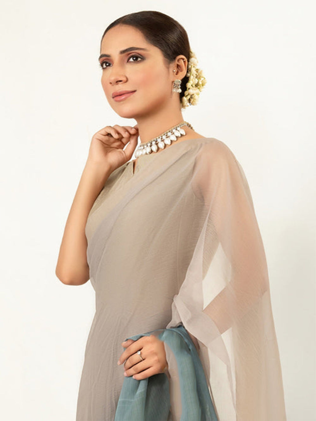 Beige to Teal Ombré Silk Blend Saree – Lightweight Designer Drape for Wedding & Parties