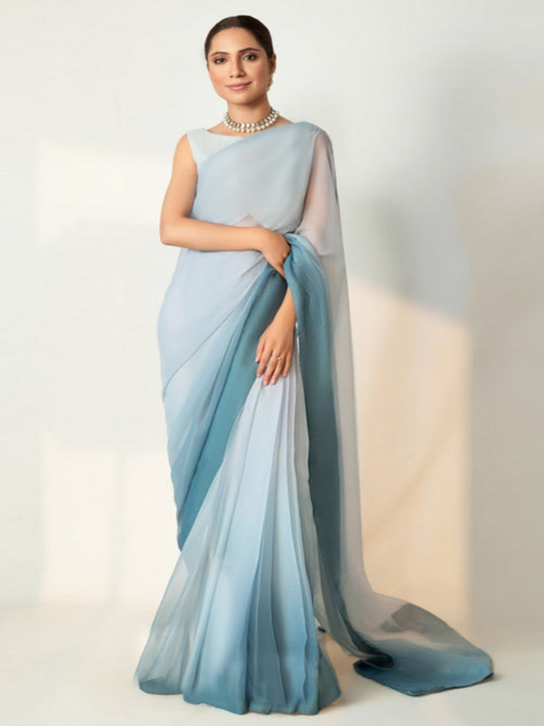 Ice Blue Ombré Silk Blend Saree