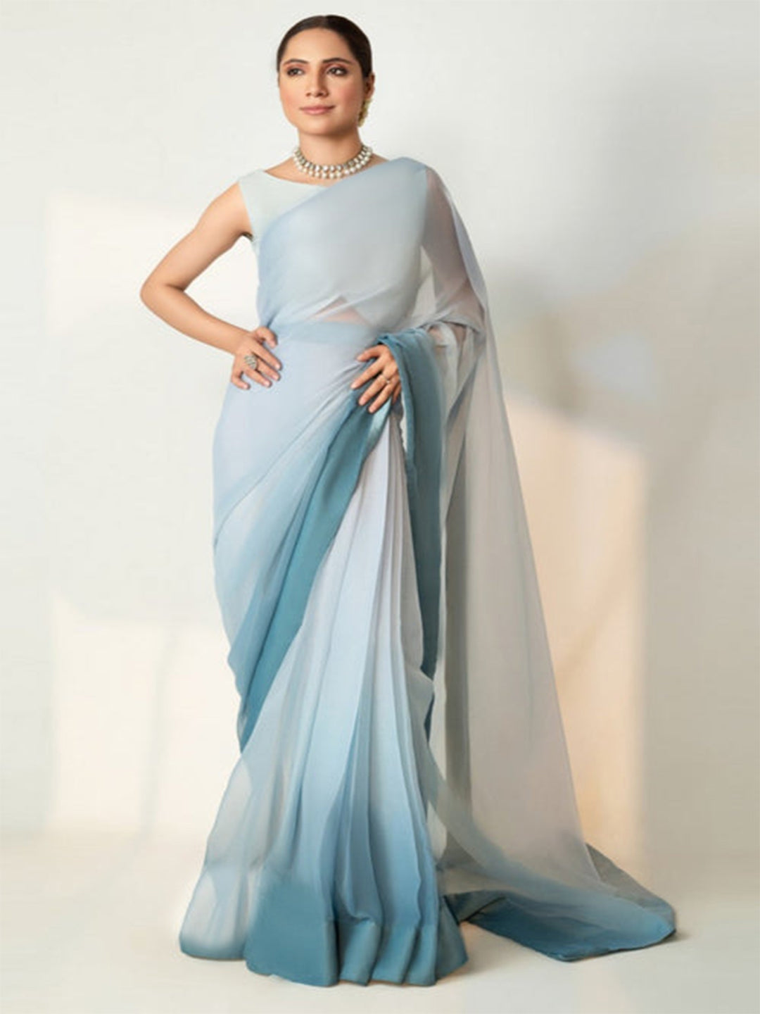 Ice Blue Ombré Silk Blend Saree