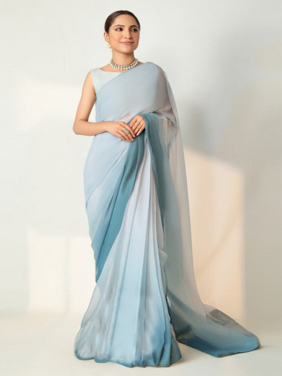 Ice Blue Ombré Silk Blend Saree