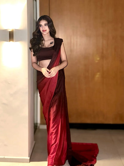 Stunning Red Ombre Satin Silk Saree - Gradient Designer Drape