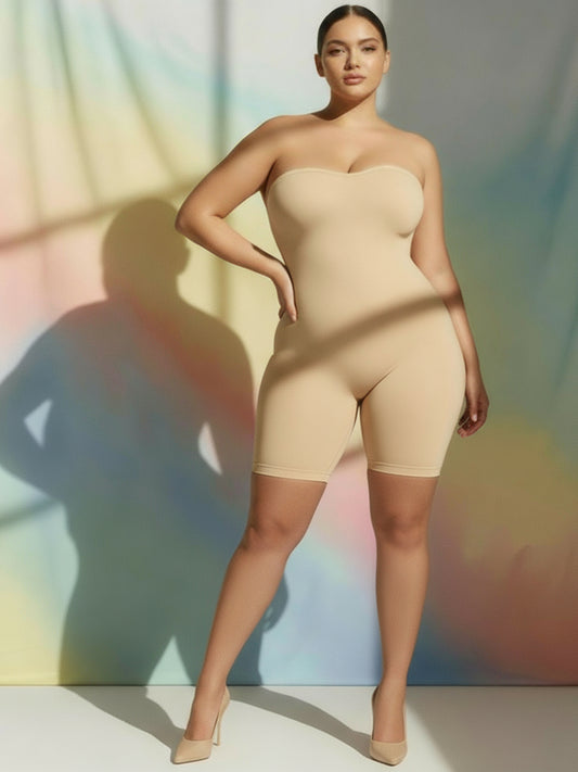 Nude Strapless Shapewear Bodysuit with Mid-Thigh Shorts - Premium Body Sculpting
