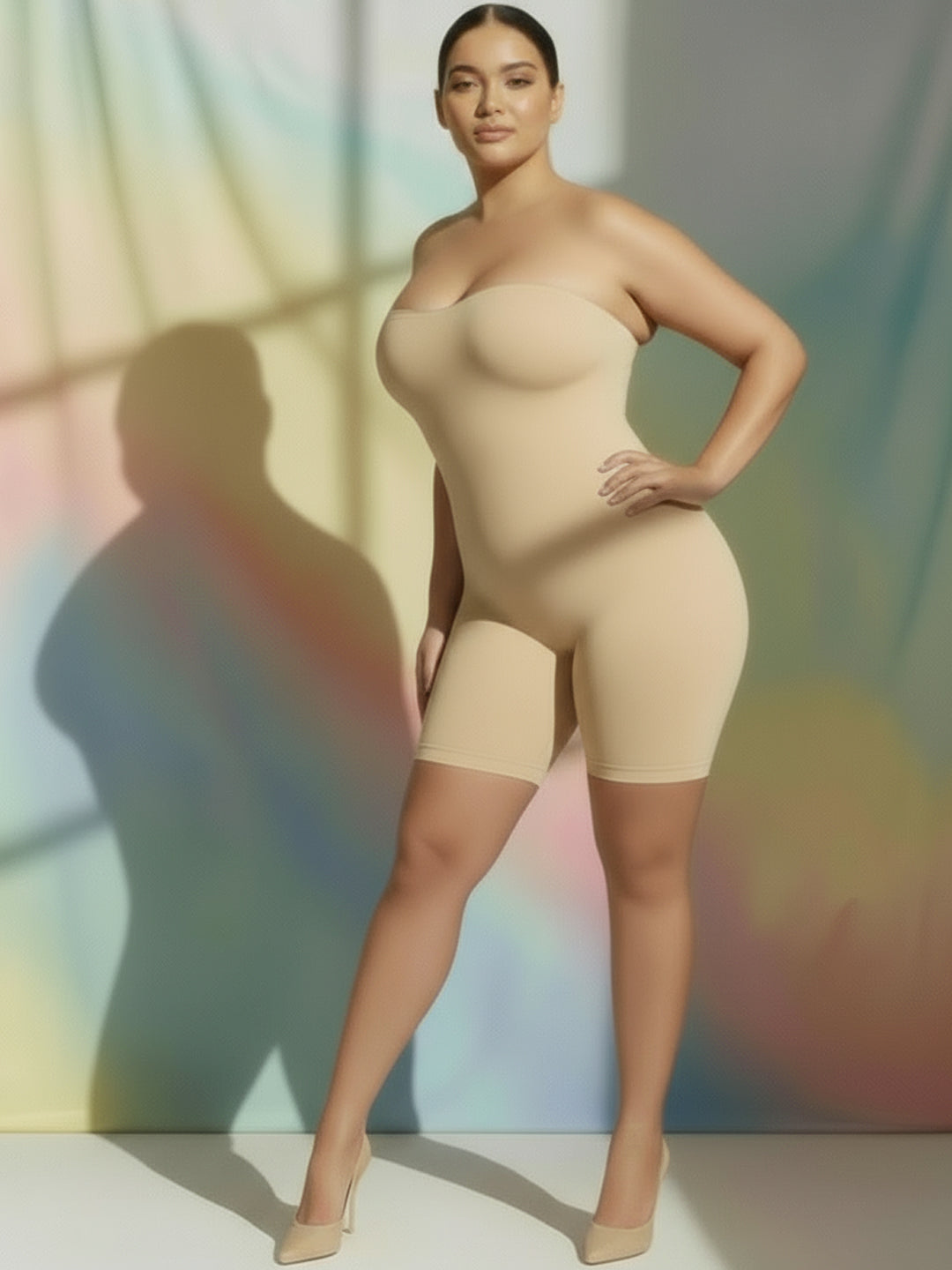 Nude Strapless Shapewear Bodysuit with Mid-Thigh Shorts - Premium Body Sculpting