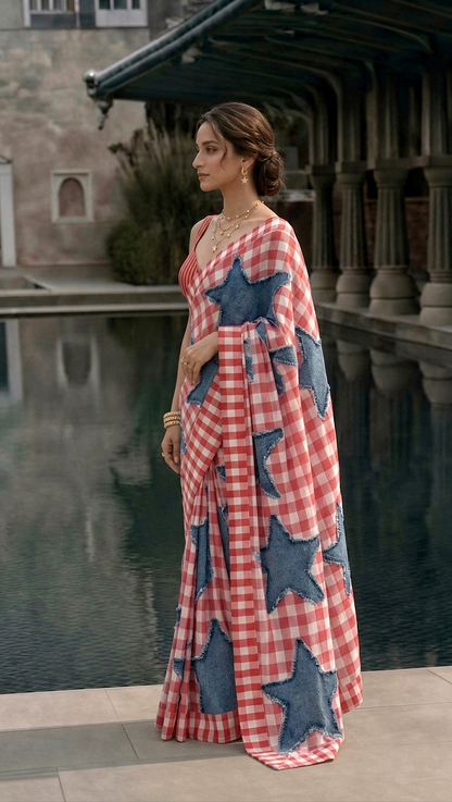 Denim Printed Star Gingham Silk Blend Saree– Printed, Not Appliqué