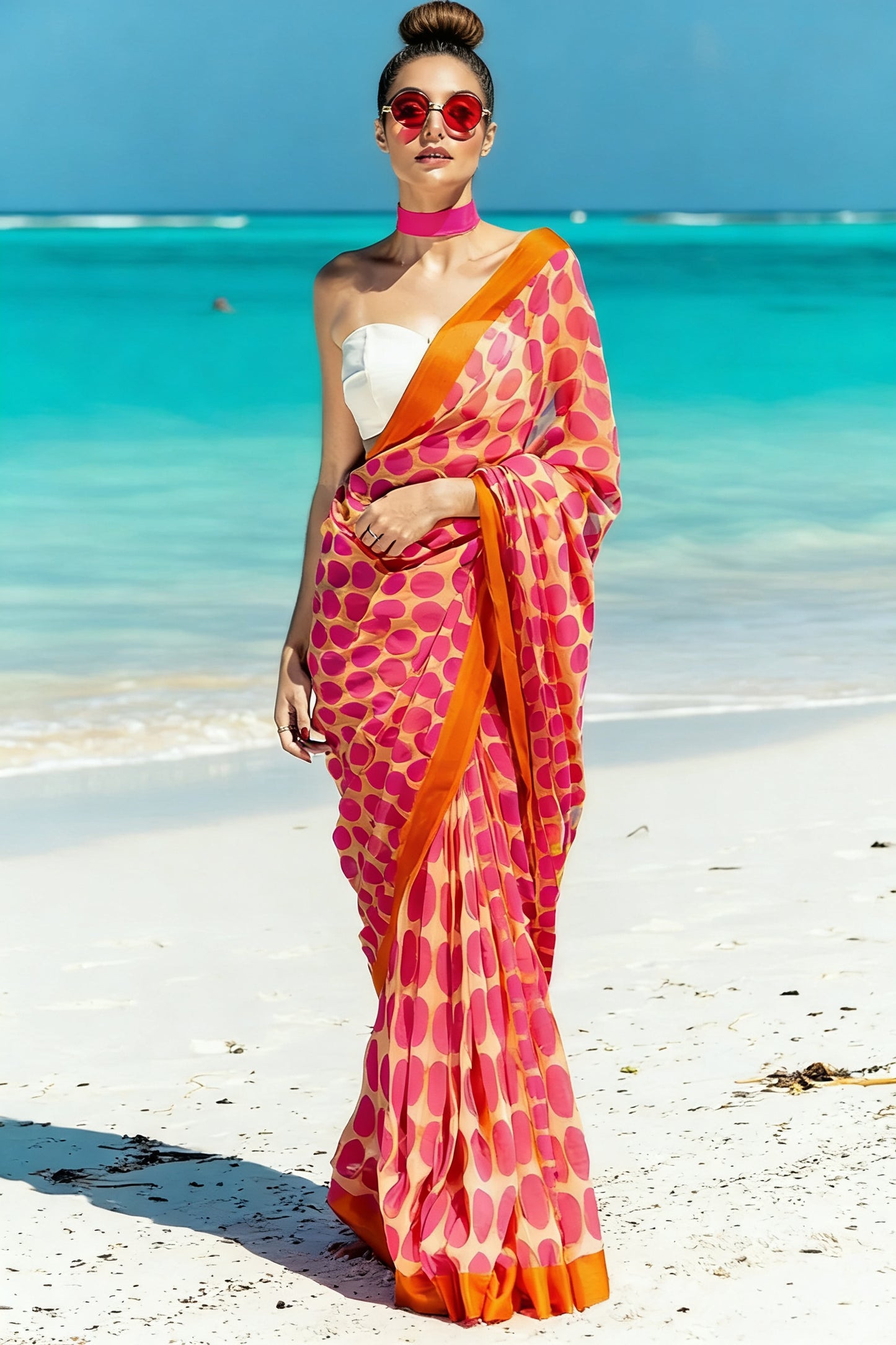 Pink and Orange Polka Dot Silk Blend Saree