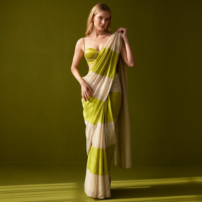 Premium Satin Silk Striped Saree - Lime Green & White