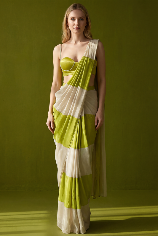 Premium Satin Silk Striped Saree - Lime Green & White