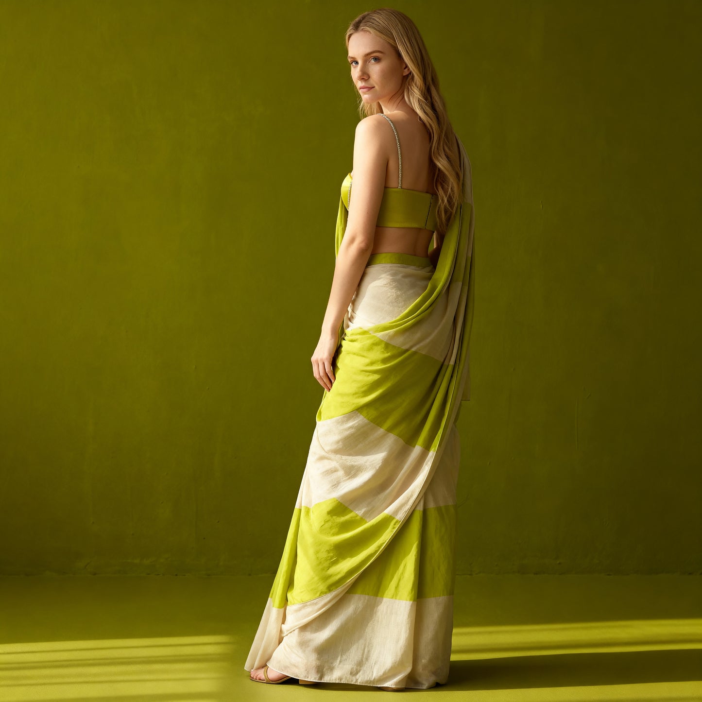 Premium Satin Silk Striped Saree - Lime Green & White