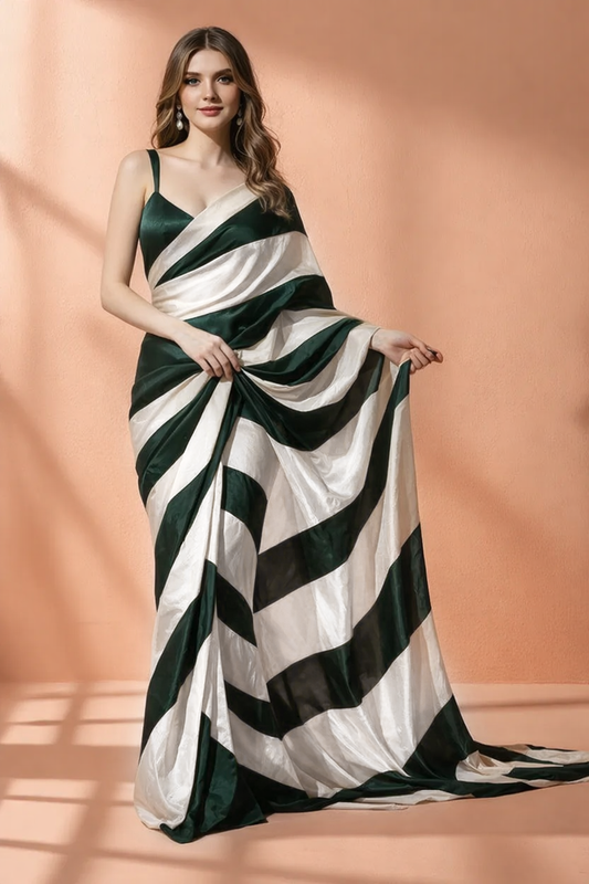 Premium Satin Silk Striped Saree - Green & White