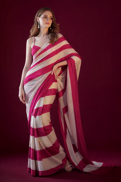 Premium Satin Silk Striped Saree - Pink & White
