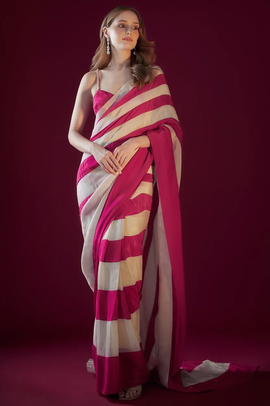 Premium Satin Silk Striped Saree - Pink & White