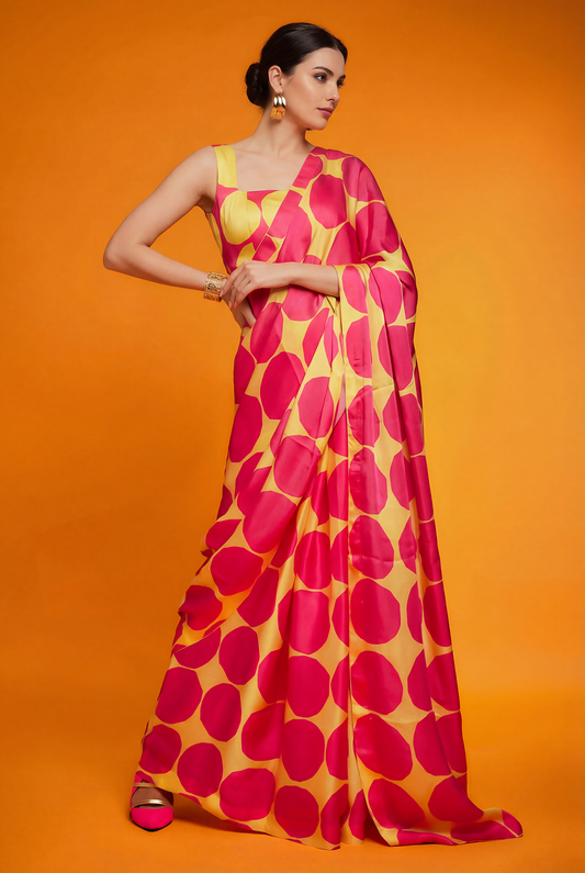 Pink and Yellow Polka Dot Silk Blend Saree
