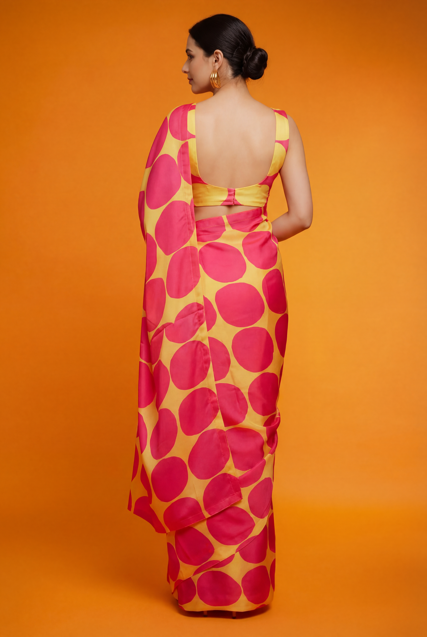Pink and Yellow Polka Dot Silk Blend Saree