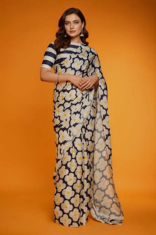 Floral Printed Silk Blend Saree Black and White