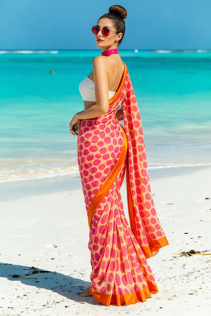 Pink and Orange Polka Dot Silk Blend Saree