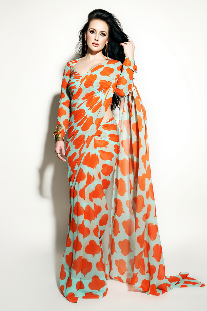 Mint Green and Orange Floral Printed Georgette Silk Saree