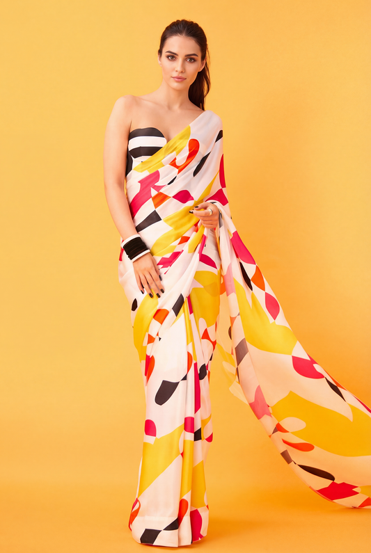 Multicolor Abstract Printed Silk Blend Saree white