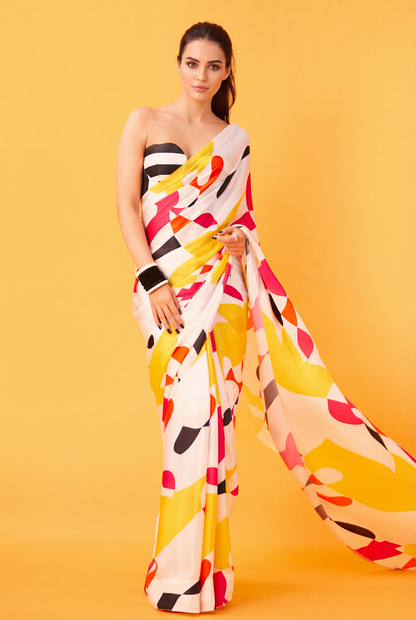 Multicolor Abstract Printed Silk Blend Saree white