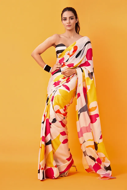 Multicolor Abstract Printed Silk Blend Saree white