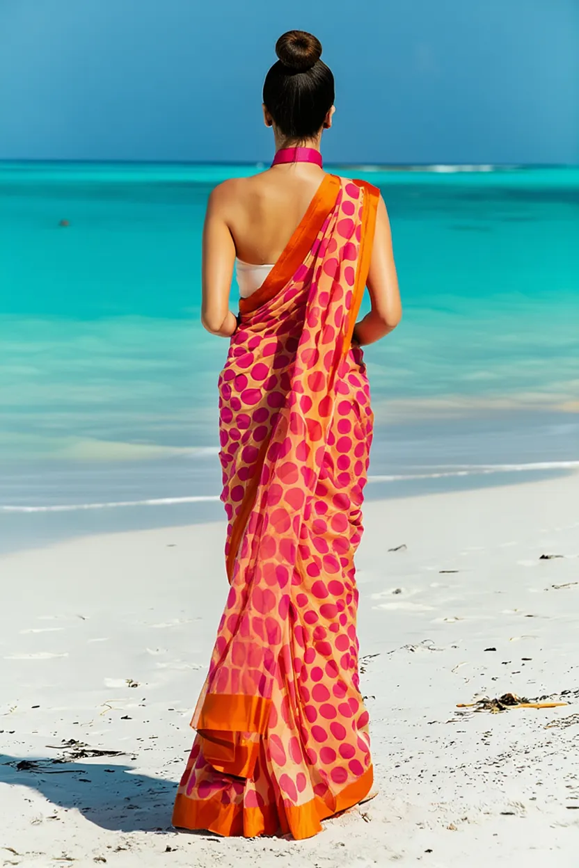 Pink and Orange Polka Dot Silk Blend Saree