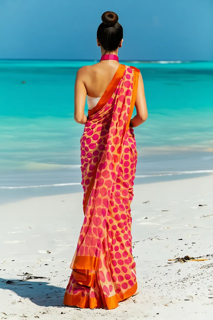 Pink and Orange Polka Dot Silk Blend Saree