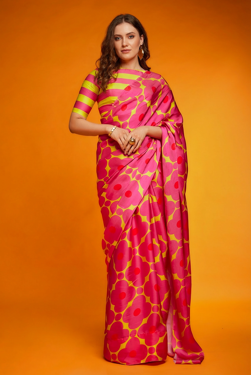 Pink and Yellow Floral Printed Silk Blend Saree