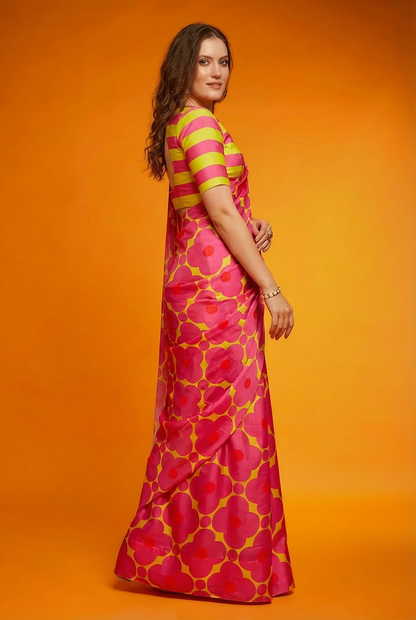 Pink and Yellow Floral Printed Silk Blend Saree