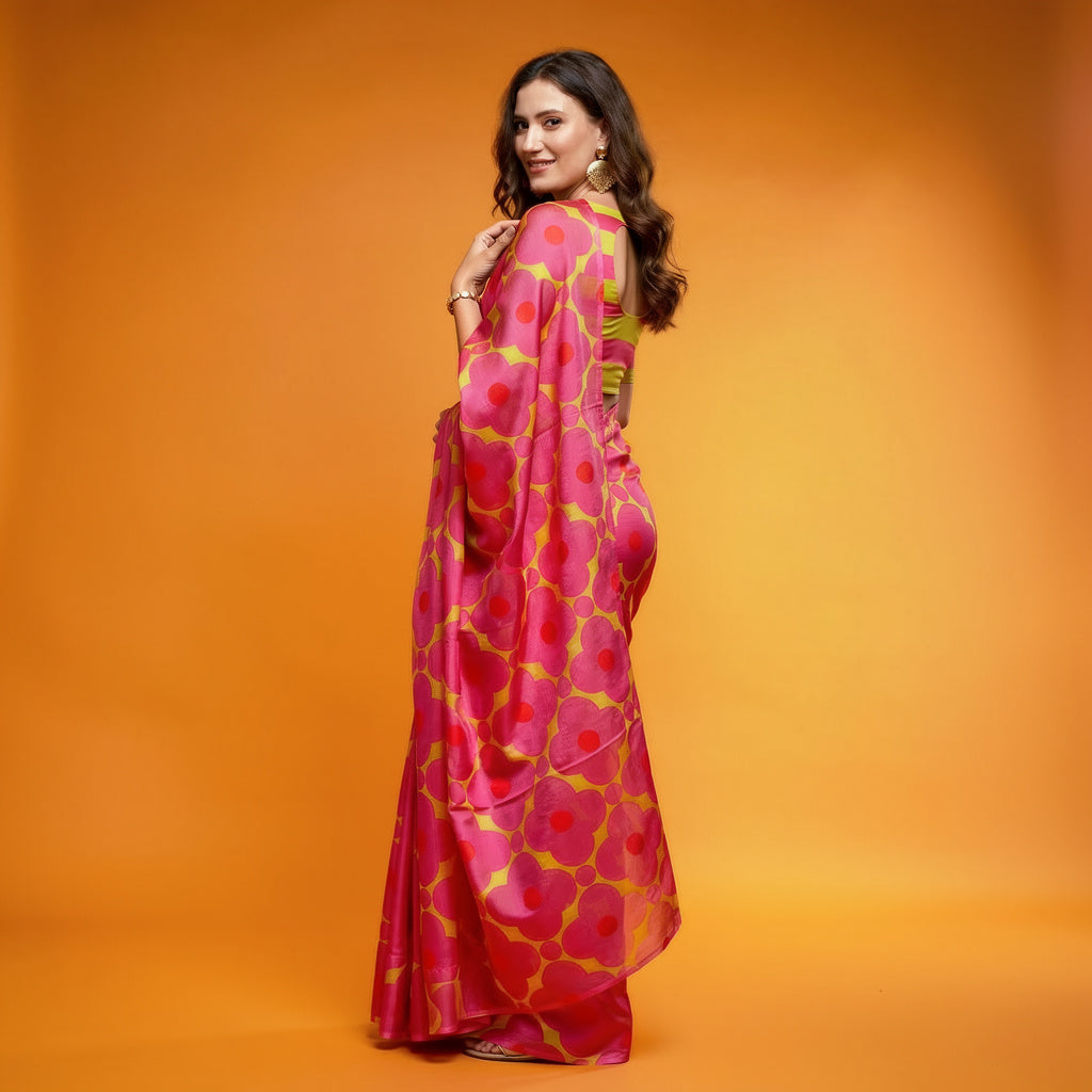 Pink and Yellow Floral Printed Silk Blend Saree