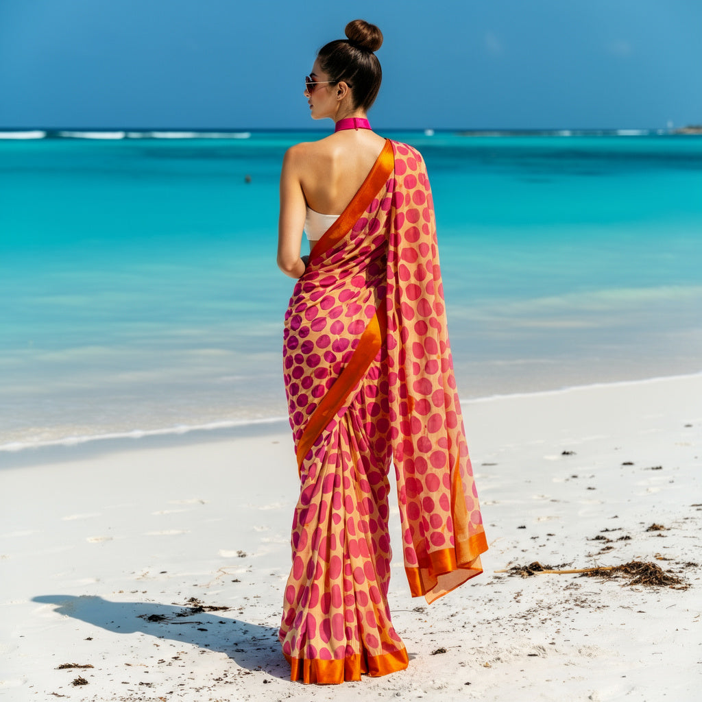 Pink and Orange Polka Dot Silk Blend Saree