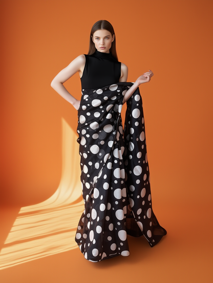 Black and White Polka Dot Silk Blend Saree