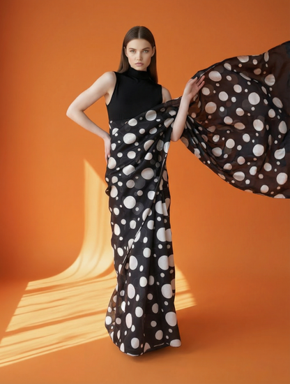 Black and White Polka Dot Silk Blend Saree