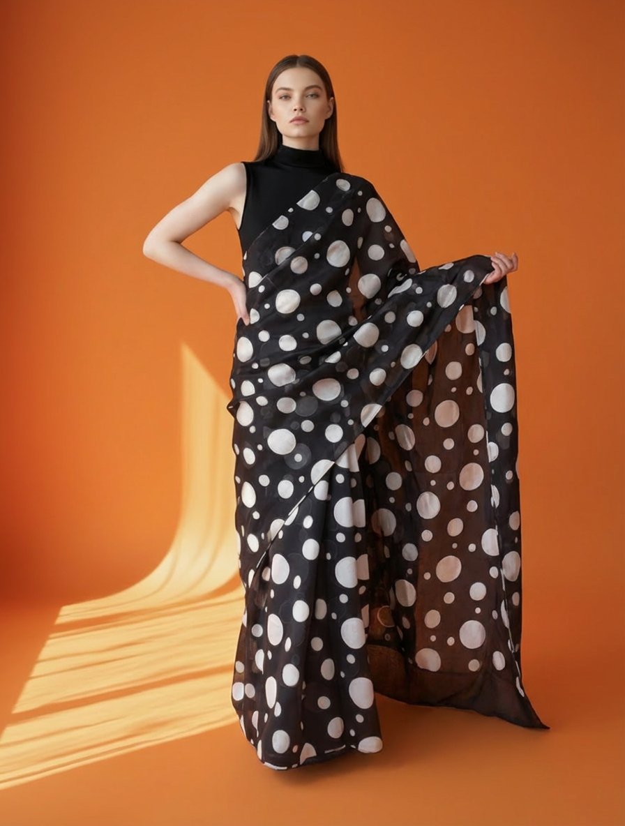 Black and White Polka Dot Silk Blend Saree