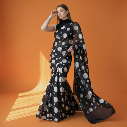 Black and White Polka Dot Silk Blend Saree