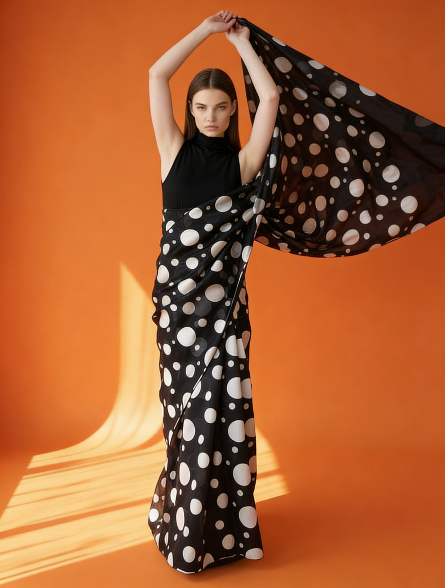 Black and White Polka Dot Silk Blend Saree