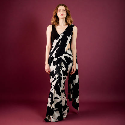 Black and White Cow Printed Silk Blend Saree new